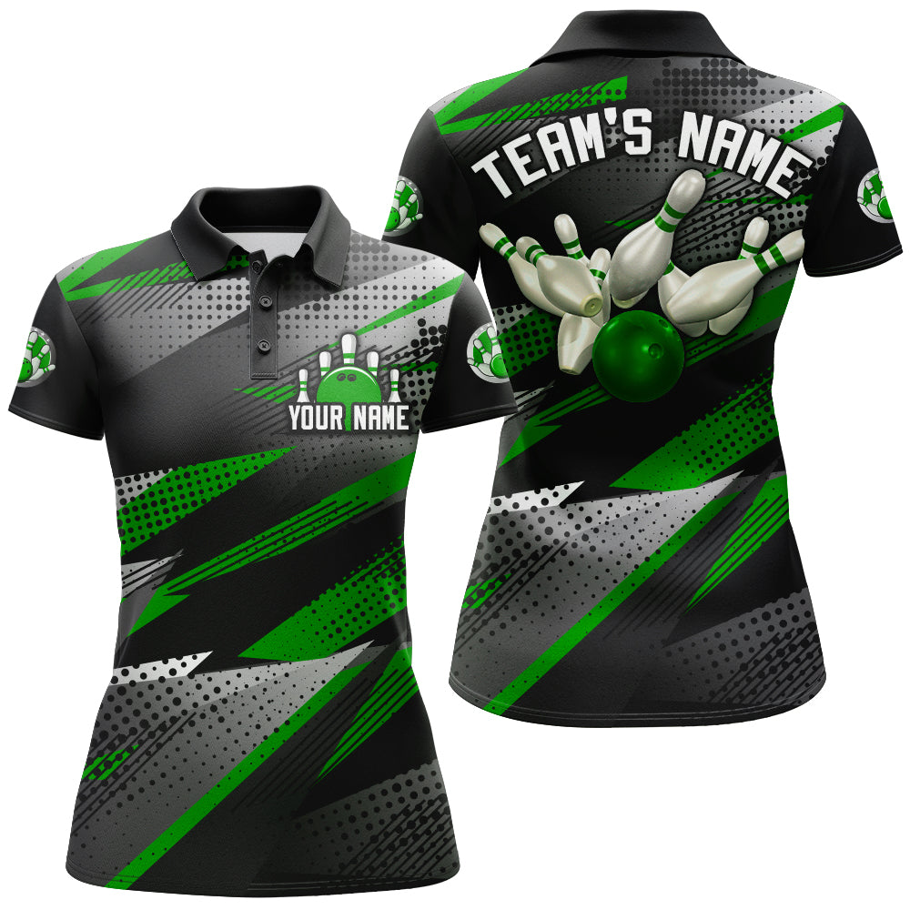 Bowling Customized Jersey Black Green Shirt Geometric Pattern Bowling Tenpin Quarter Zip Shirt For Bowlers, Bowling Team