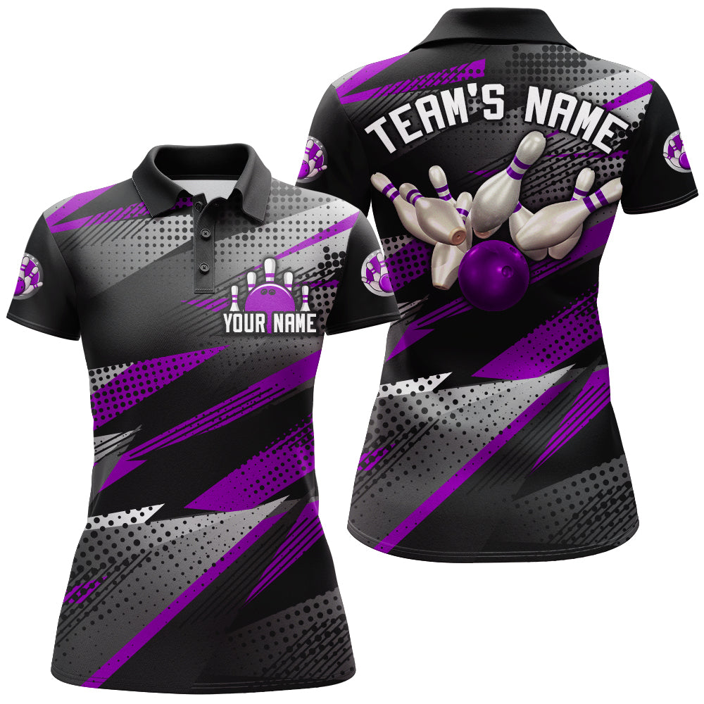Bowling Customized Jersey Black Purple Shirt Geometric Pattern Bowling Tenpin Quarter Zip Shirt For Bowlers, Bowling Team