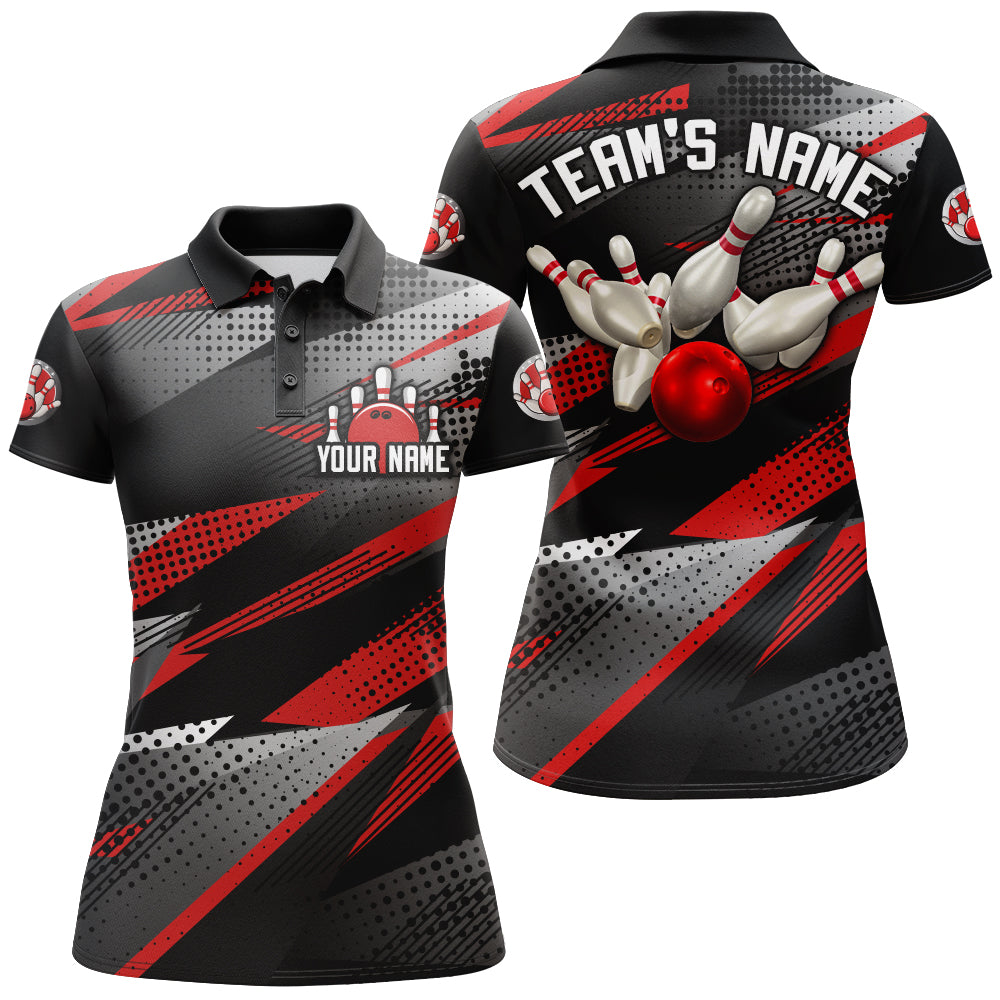 Bowling Customized Jersey Black Red Shirt Geometric Pattern Bowling Tenpin Quarter Zip Shirt For Bowlers, Bowling Team