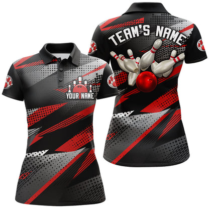 Bowling Customized Jersey Black Red Shirt Geometric Pattern Bowling Tenpin Quarter Zip Shirt For Bowlers, Bowling Team