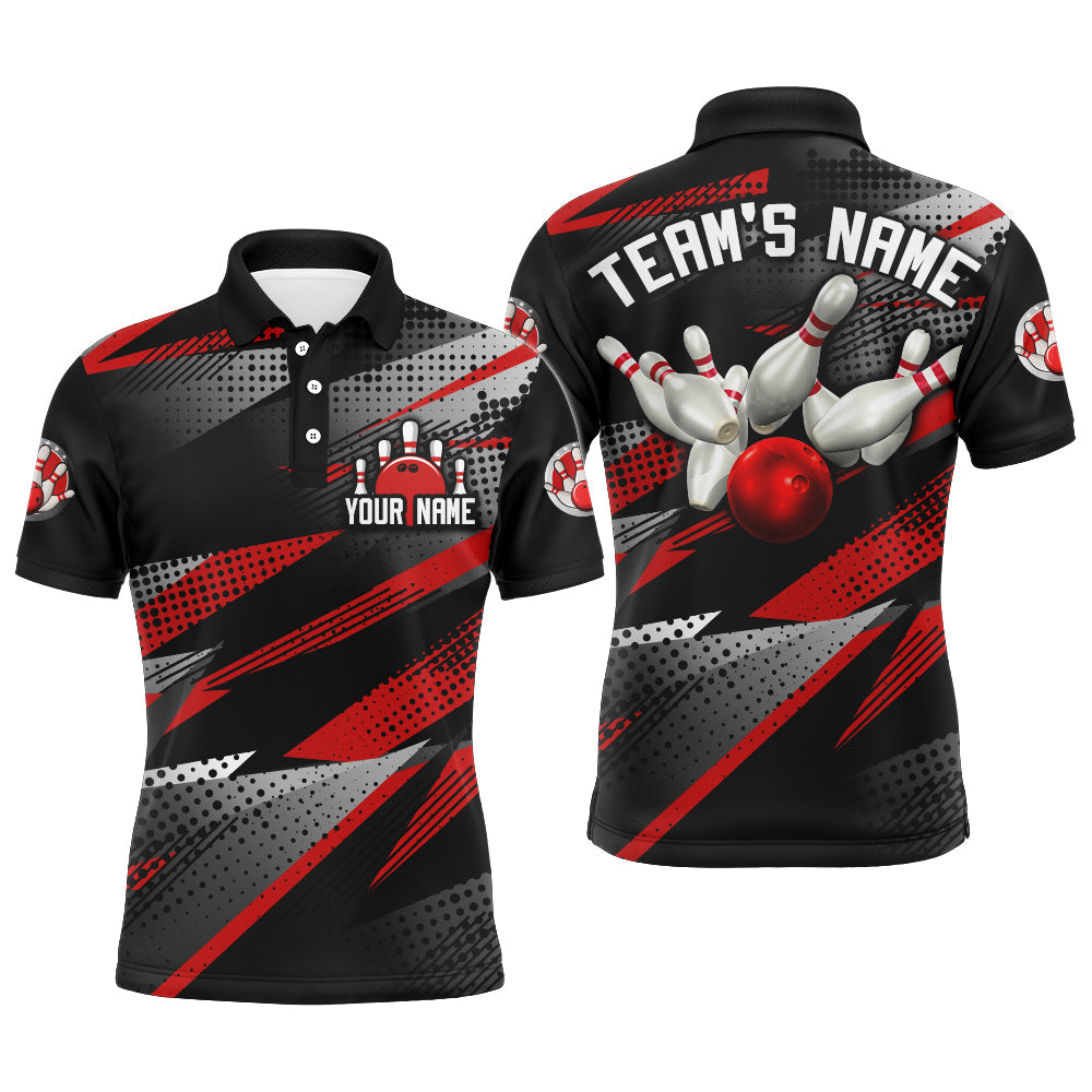 Bowling Customized Jersey Black Red Shirt Geometric Pattern Bowling Tenpin Quarter Zip Shirt For Bowlers, Bowling Team