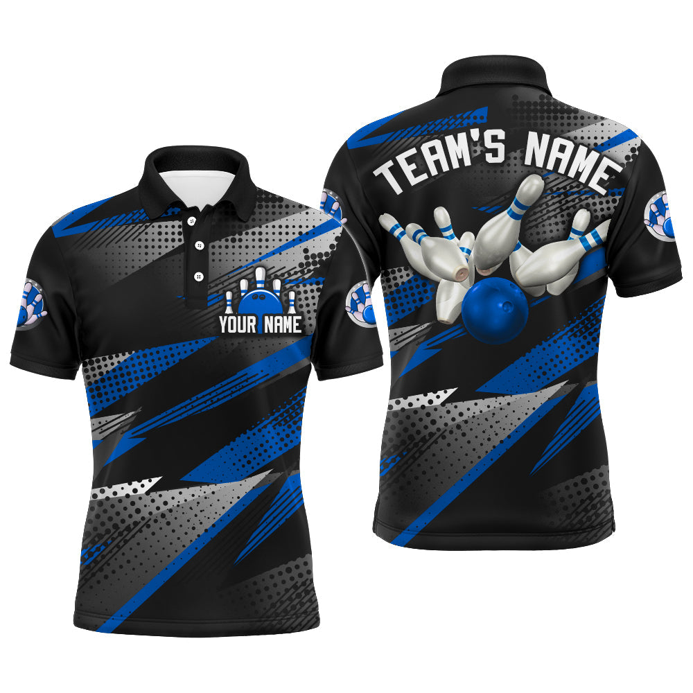 Bowling Customized Jersey Black Blue Shirt Geometric Pattern Bowling Tenpin Quarter Zip Shirt For Bowlers, Bowling Team