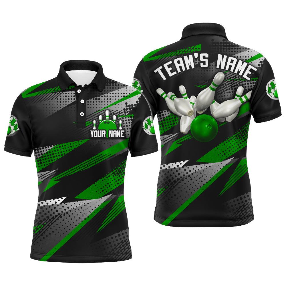 Bowling Customized Jersey Black Green Shirt Geometric Pattern Bowling Tenpin Quarter Zip Shirt For Bowlers, Bowling Team