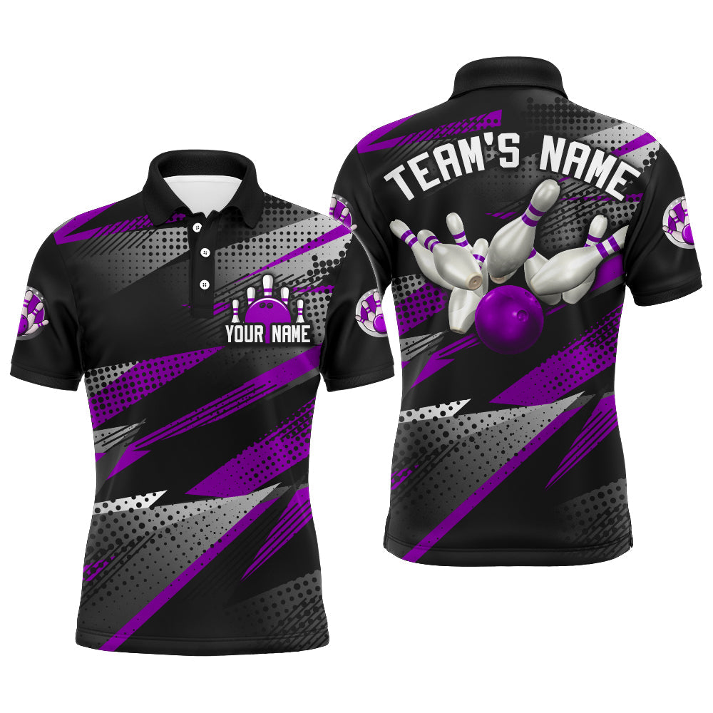 Bowling Customized Jersey Black Purple Shirt Geometric Pattern Bowling Tenpin Quarter Zip Shirt For Bowlers, Bowling Team