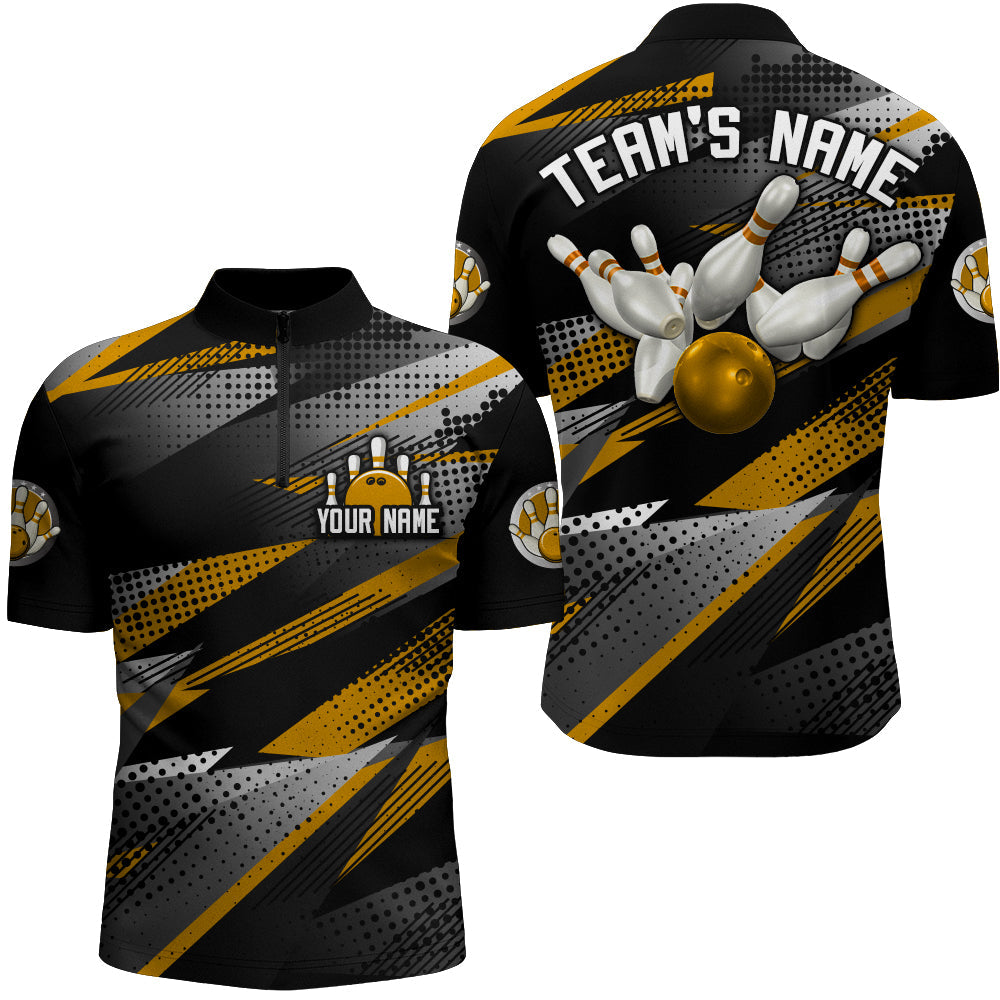 Bowling Customized Jersey Black Gold Shirt Geometric Pattern Bowling Tenpin Quarter Zip Shirt For Bowlers, Bowling Team