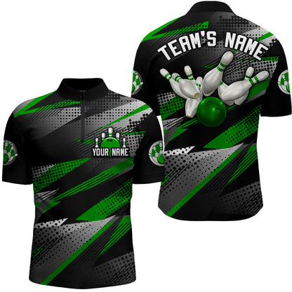 Bowling Customized Jersey Black Green Shirt Geometric Pattern Bowling Tenpin Quarter Zip Shirt For Bowlers, Bowling Team