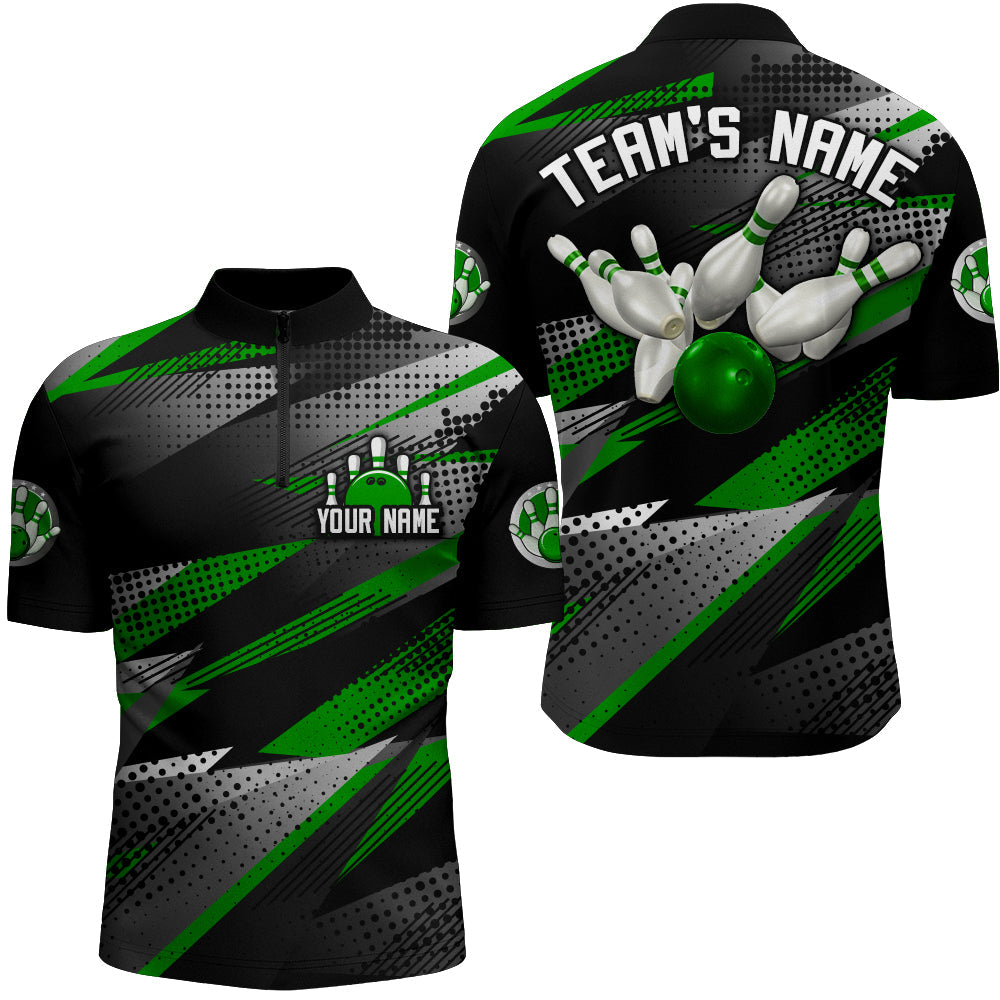 Bowling Customized Jersey Black Green Shirt Geometric Pattern Bowling Tenpin Quarter Zip Shirt For Bowlers, Bowling Team