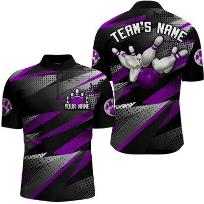 Bowling Customized Jersey Black Purple Shirt Geometric Pattern Bowling Tenpin Quarter Zip Shirt For Bowlers, Bowling Team
