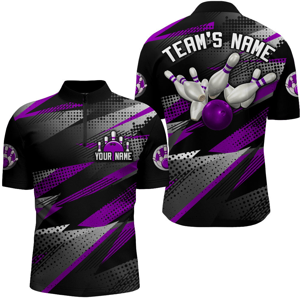 Bowling Customized Jersey Black Purple Shirt Geometric Pattern Bowling Tenpin Quarter Zip Shirt For Bowlers, Bowling Team