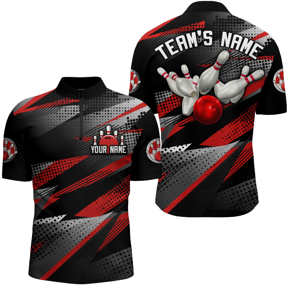 Bowling Customized Jersey Black Red Shirt Geometric Pattern Bowling Tenpin Quarter Zip Shirt For Bowlers, Bowling Team