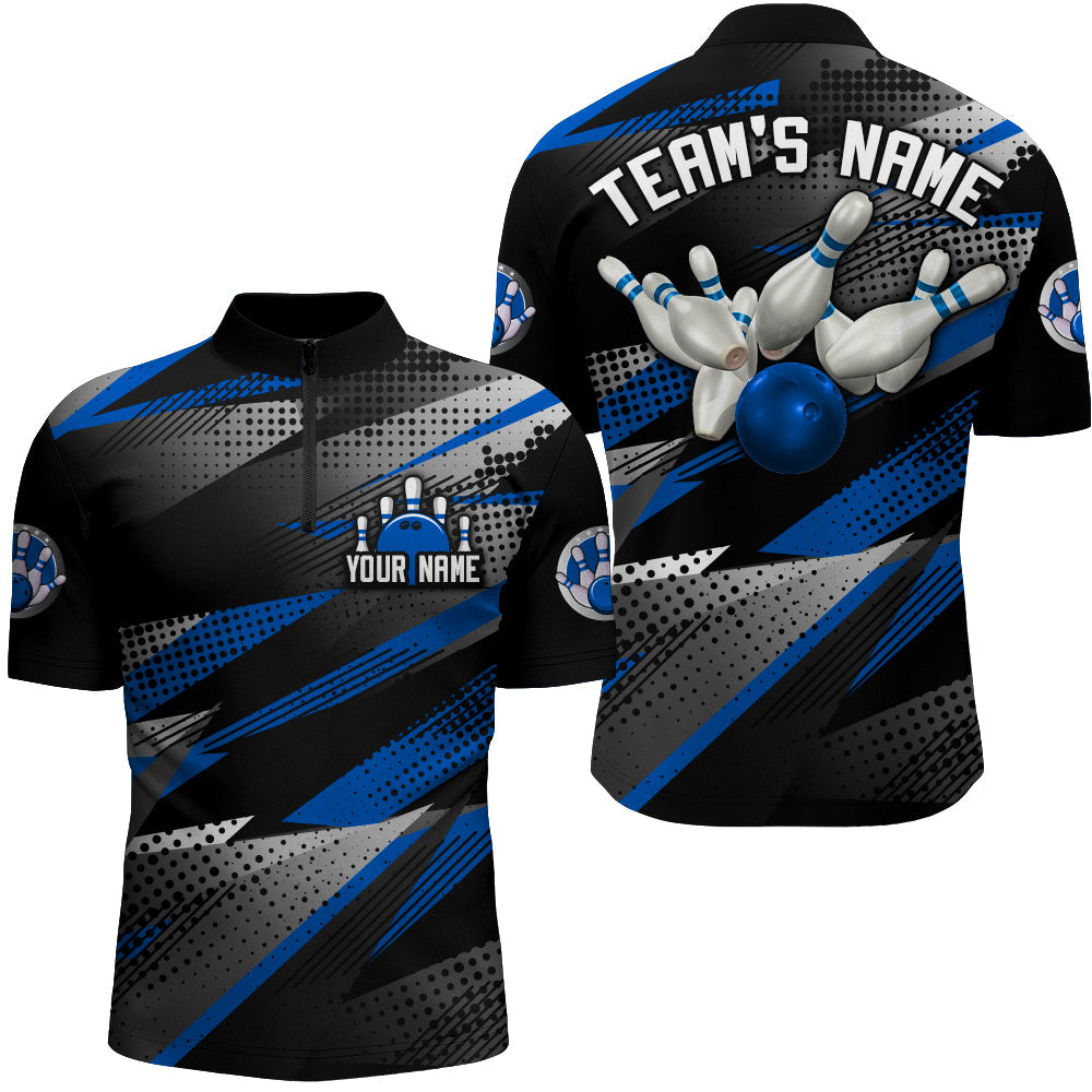 Bowling Customized Jersey Black Blue Shirt Geometric Pattern Bowling Tenpin Quarter Zip Shirt For Bowlers, Bowling Team