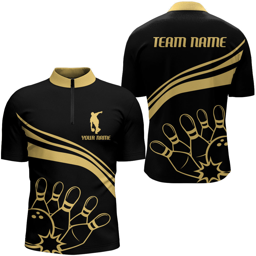 Bowling Customized Jersey Black Shirt Gold Curve Bowling Tenpin Quarter Zip Shirt, Outfit For Bowlers, Bowling Team