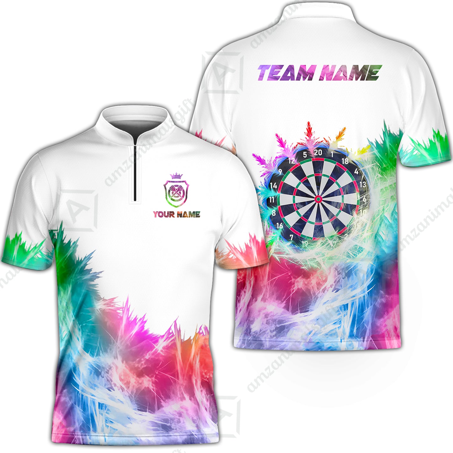 Customized Darts Stand Collar Quarter-Zip Shirt, Darts Icy Light White And Multi Color Team Jersey For Darts Player