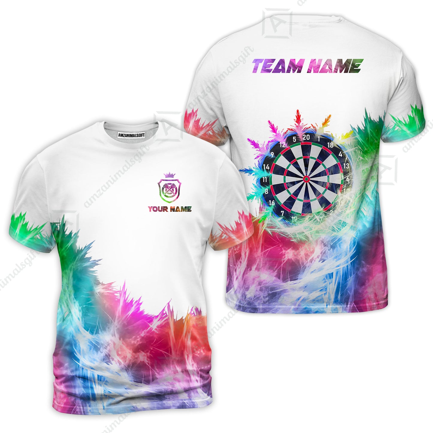 Customized Darts T-Shirt, Darts Icy Light White And Multi Color Team T-Shirt Jersey For Darts Player