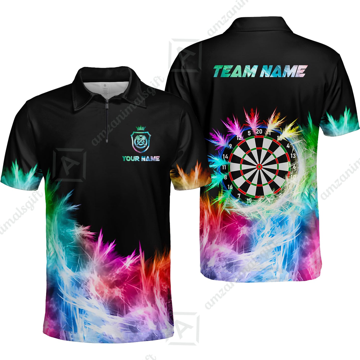 Customized Darts Quarter-Zip Polo Shirt, Darts Icy Light Black And Multi Color Team Zip Polo Jersey For Darts Player