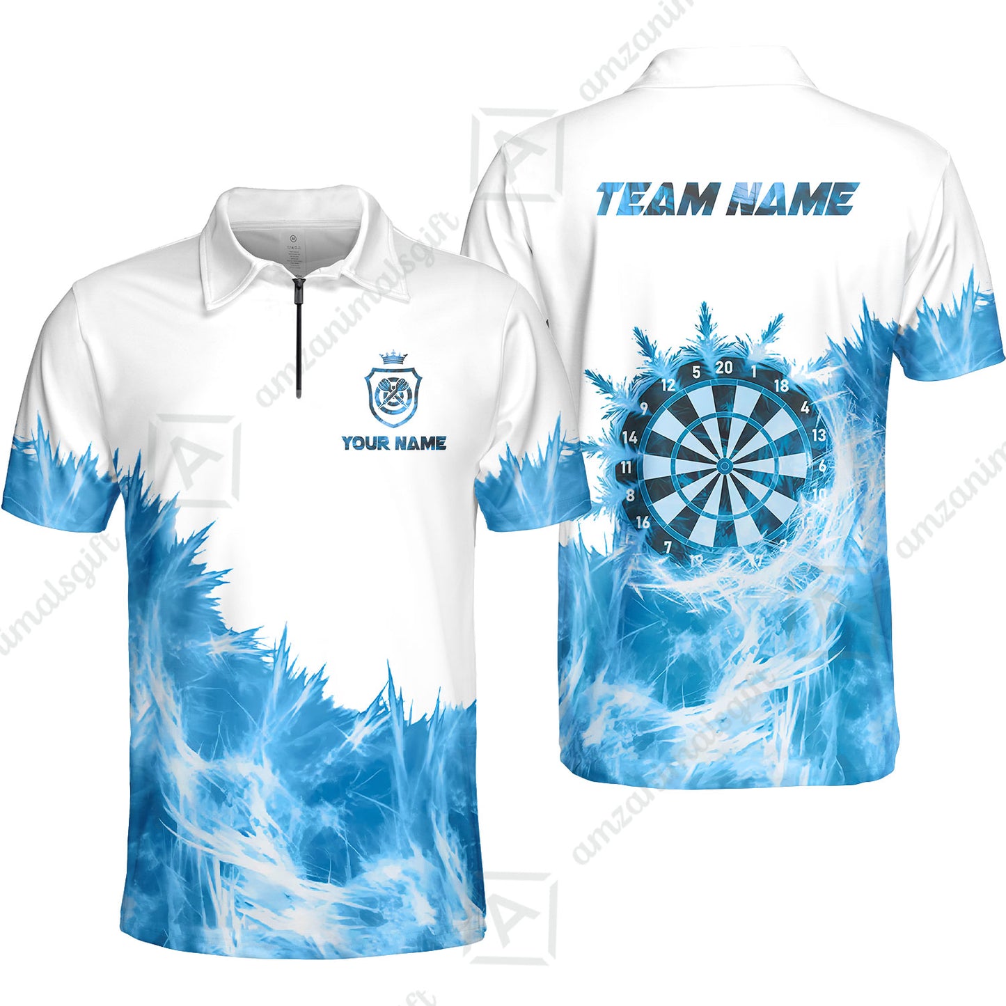 Customized Darts Quarter-Zip Polo Shirt, Darts Icy Light White And Multi Color Team Zip Polo Jersey For Darts Player