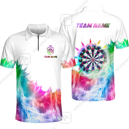 Customized Darts Quarter-Zip Polo Shirt, Darts Icy Light White And Multi Color Team Zip Polo Jersey For Darts Player