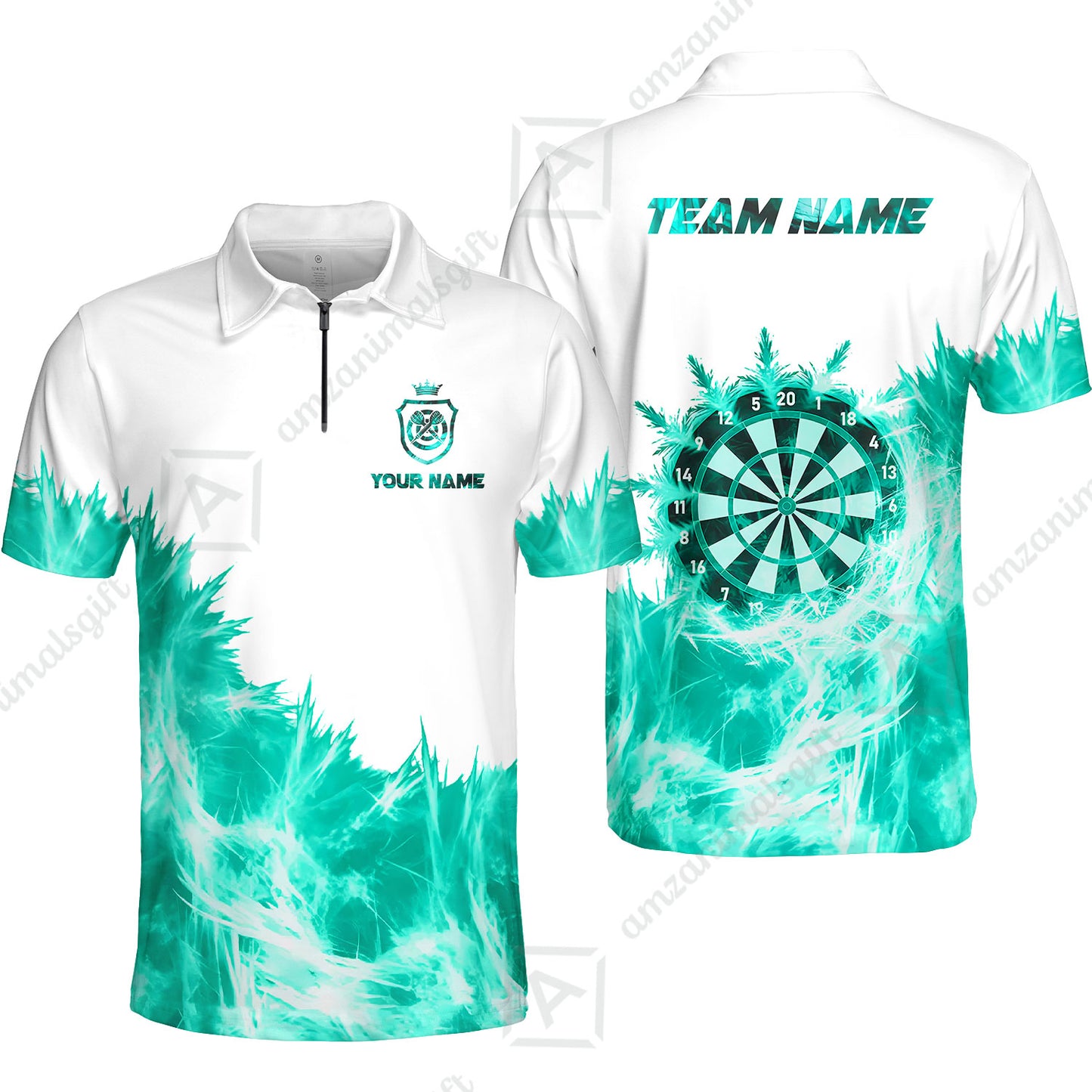 Customized Darts Quarter-Zip Polo Shirt, Darts Icy Light White And Multi Color Team Zip Polo Jersey For Darts Player