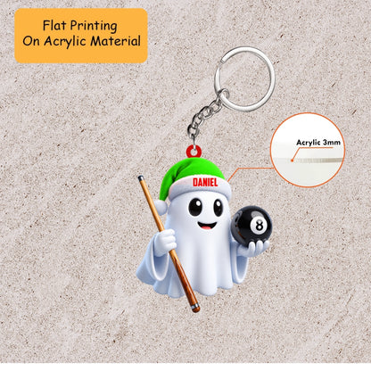 Personalized Billiards Christmas Ornament, Cute Ghost Holding 8 Ball And Cue, Custom Ornament Christmas Gift, Keychain Billiards, Car Ornament Billiards