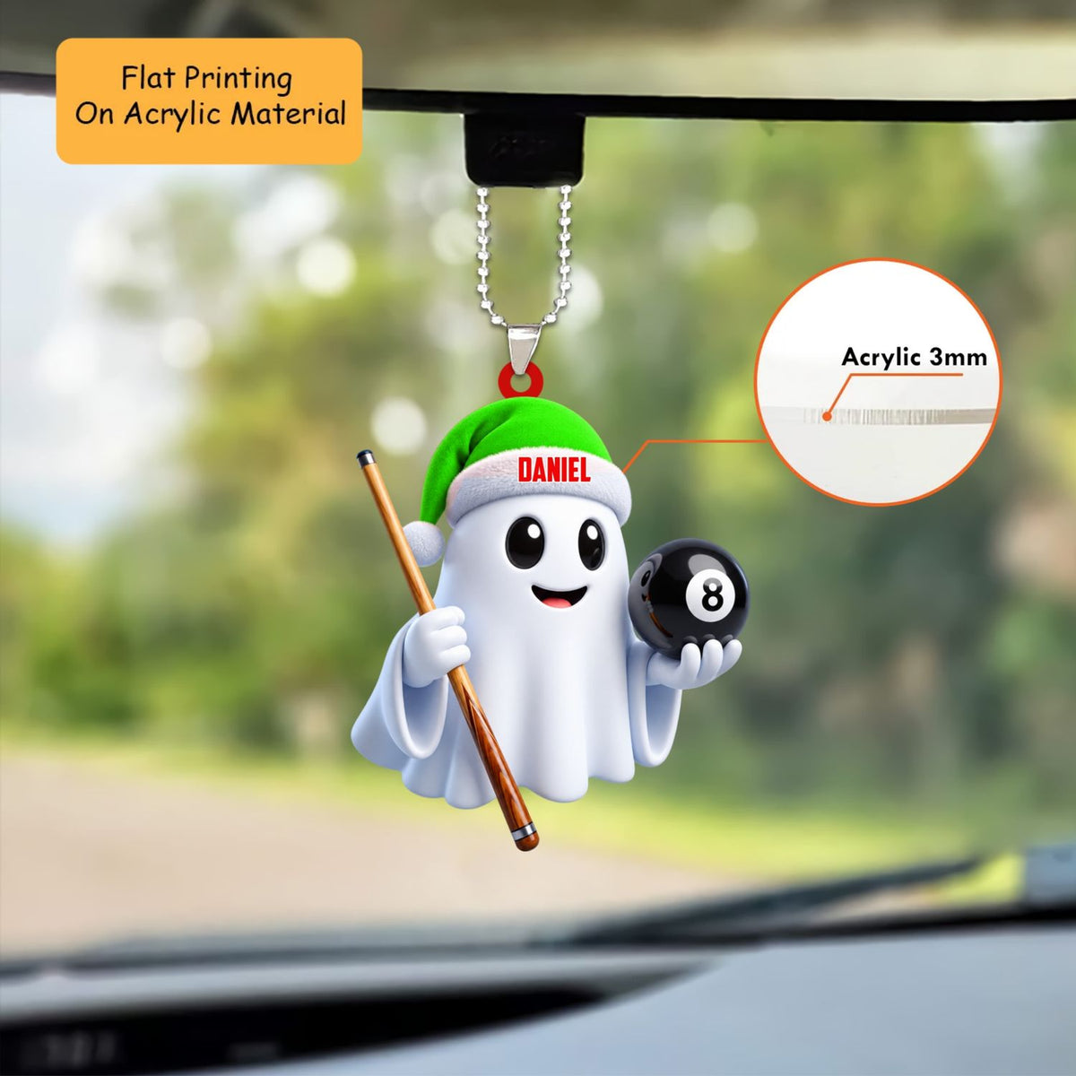 Personalized Billiards Christmas Ornament, Cute Ghost Holding 8 Ball And Cue, Custom Ornament Christmas Gift, Keychain Billiards, Car Ornament Billiards