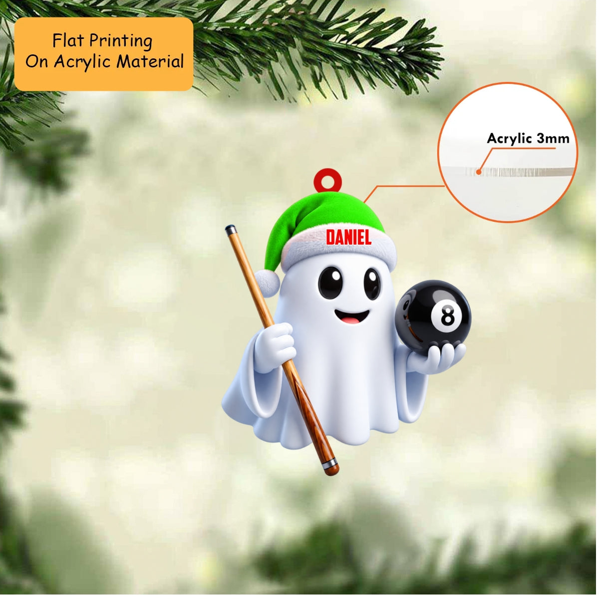 Personalized Billiards Christmas Ornament, Cute Ghost Holding 8 Ball And Cue, Custom Ornament Christmas Gift, Keychain Billiards, Car Ornament Billiards