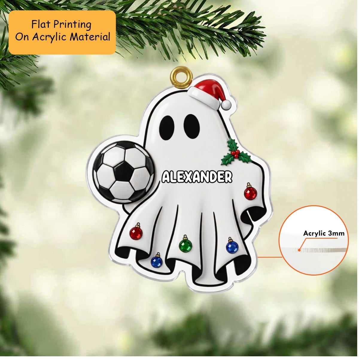 Personalized Soccer Christmas Ornament, Ghost Playing Soccer, Custom Ornament Christmas Gift, Keychain Soccer, Car Ornament Soccer