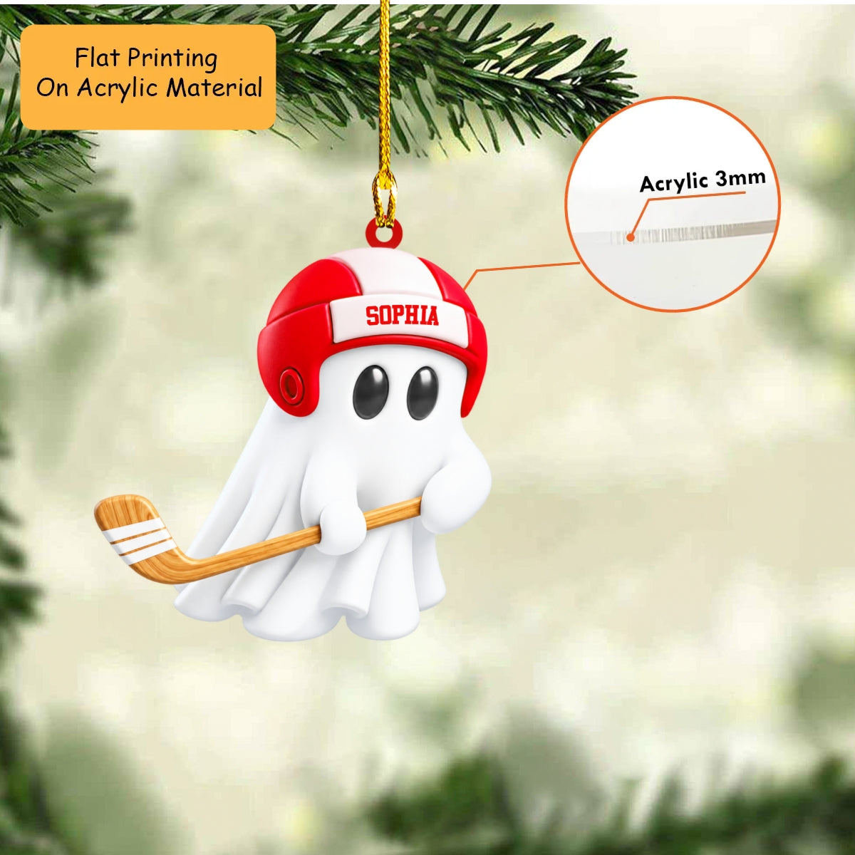 Personalized Hockey Christmas Ornament, Cute Ghost Holding Hockey Stick And Helmet, Custom Ornament Christmas Gift, Keychain Hockey, Car Ornament Hockey