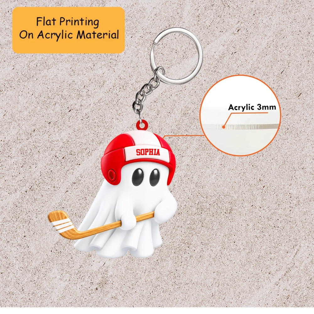 Personalized Hockey Christmas Ornament, Cute Ghost Holding Hockey Stick And Helmet, Custom Ornament Christmas Gift, Keychain Hockey, Car Ornament Hockey
