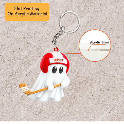 Personalized Hockey Christmas Ornament, Cute Ghost Holding Hockey Stick And Helmet, Custom Ornament Christmas Gift, Keychain Hockey, Car Ornament Hockey