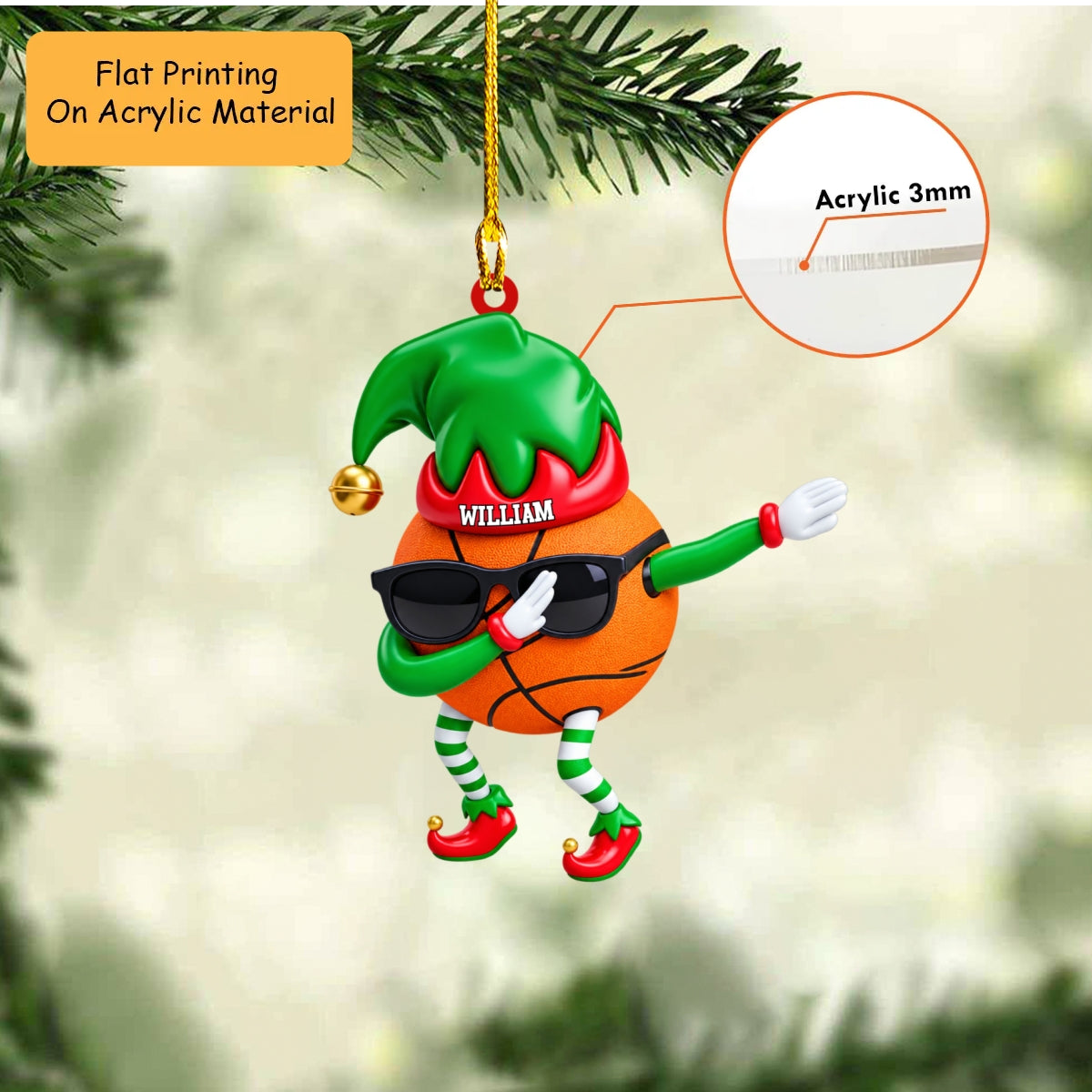 Personalized Basketball Christmas Ornament, Dabbing Elf Hat Sports Ball Mascot, Custom Ornament Christmas Gift, Keychain Basketball, Car Ornament Basketball
