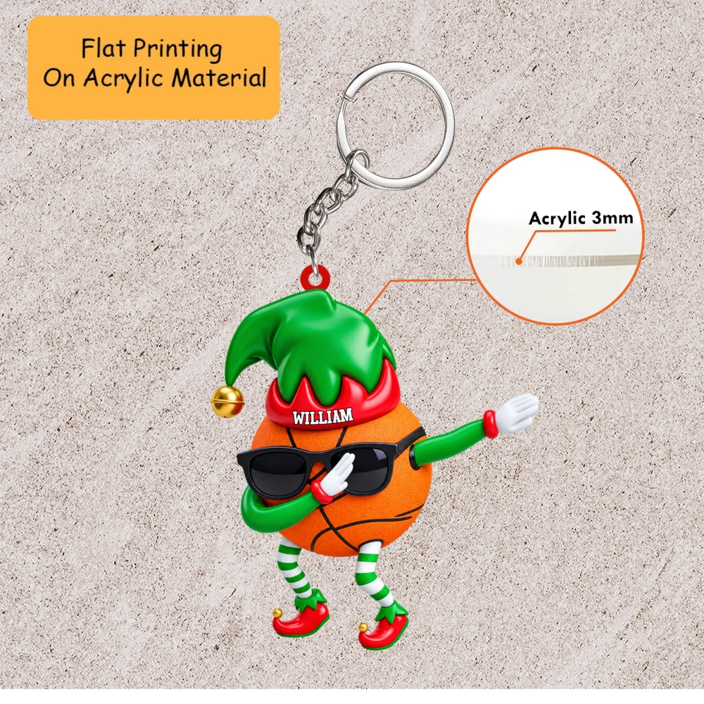 Personalized Basketball Christmas Ornament, Dabbing Elf Hat Sports Ball Mascot, Custom Ornament Christmas Gift, Keychain Basketball, Car Ornament Basketball