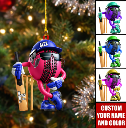 Personalized Cricket Christmas Ornament, Cool Ball Mascot With Bat And Wickets, Custom Ornament Christmas Gift, Keychain Cricket, Car Cricket Ornament 