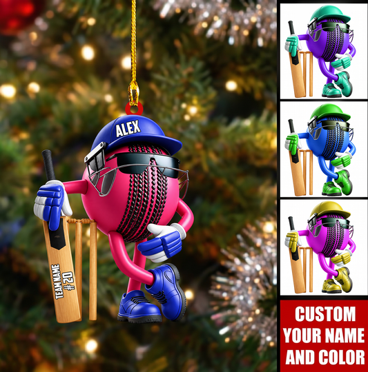 Personalized Cricket Christmas Ornament, Cool Ball Mascot With Bat And Wickets, Custom Ornament Christmas Gift, Keychain Cricket, Car Cricket Ornament 