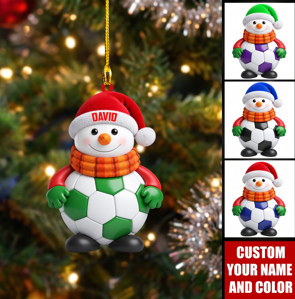 Personalized Soccer Christmas Ornament, Snowman Hugging Football With Scarf, Custom Ornament Christmas Gift, Keychain Soccer, Car Ornament Soccer