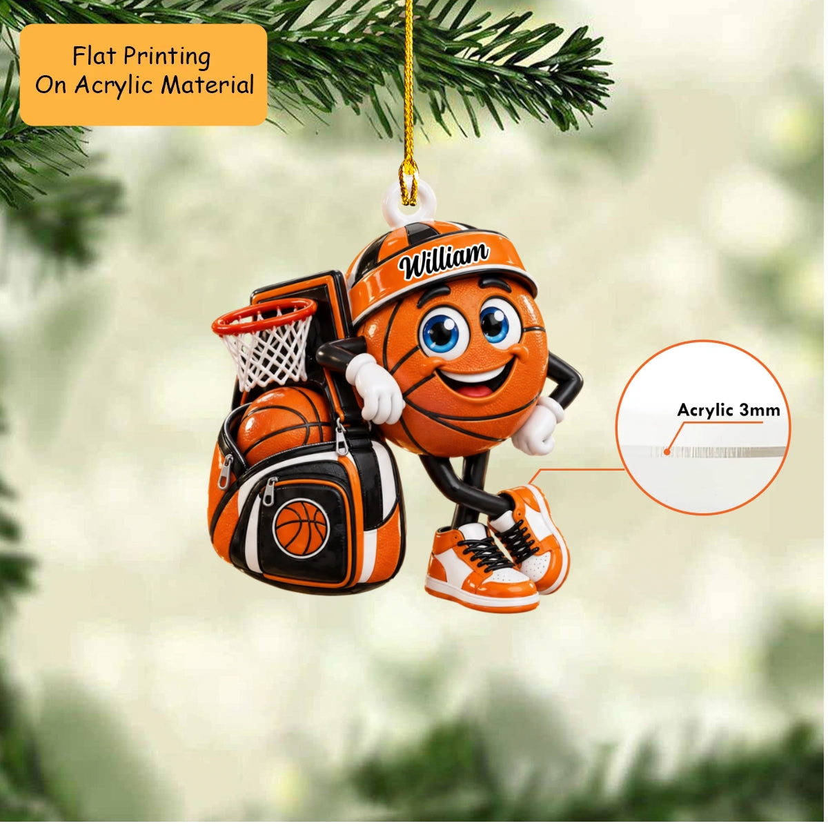 Personalized Basketball Christmas Ornament, Basketball Mascot Cute, Custom Ornament Christmas Gift, Keychain Basketball, Car Ornament Basketball