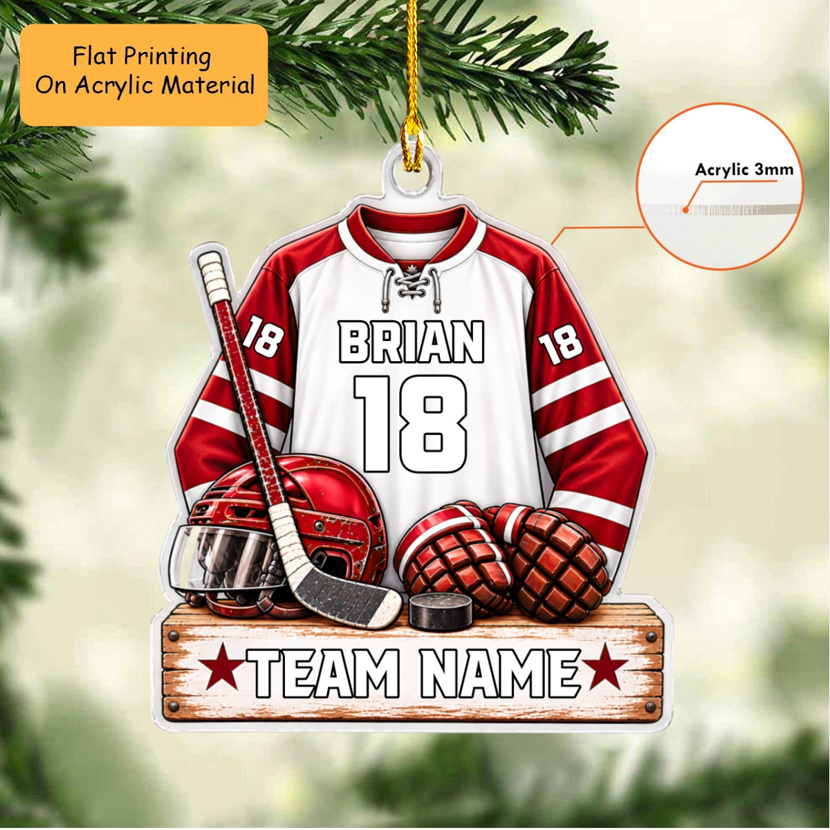 Personalized Ice Hockey Christmas Flat Printed Acrylic Ornament, Ice Hockey Things, Custom Ornament Christmas Gift, Keychain Ice Hockey, Car Ornament Ice Hockey