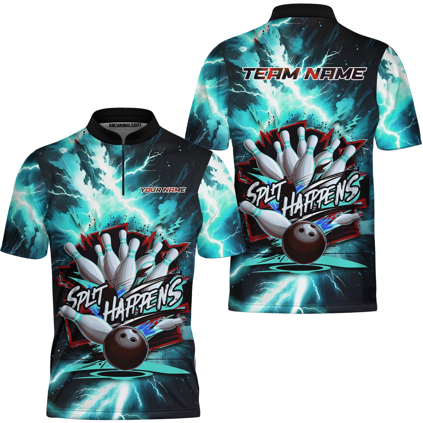 Custom Bowling Team Jersey, Split Happens - Electric Lightning, Bowling Uniforms, Personalize Name And Team Name