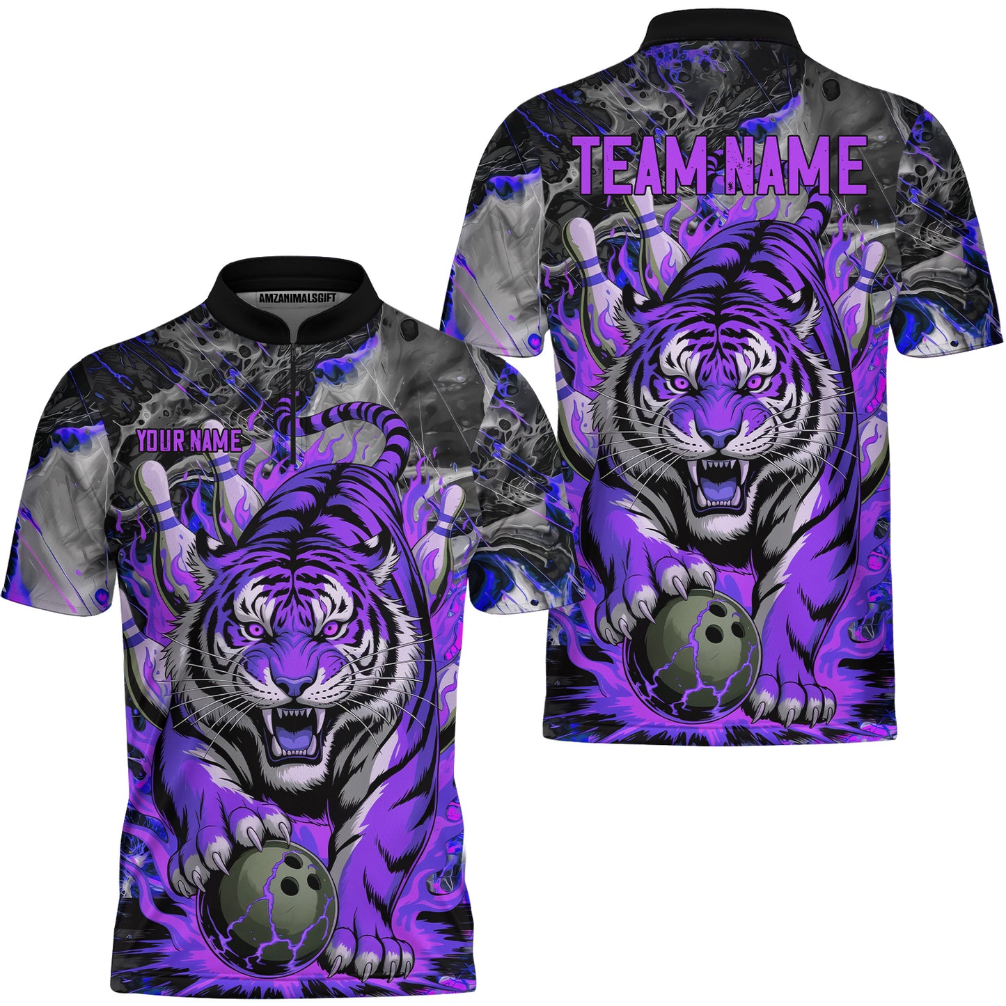 Custom Bowling Team Jersey, Tiger Gripping A Bowling Ball, Bowling Uniforms, Personalize Name And Team Name