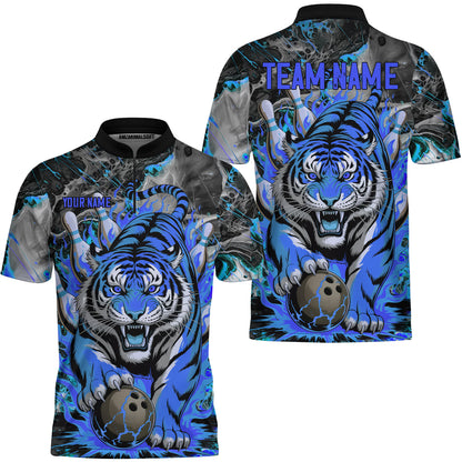 Custom Bowling Team Jersey, Tiger Gripping A Bowling Ball, Bowling Uniforms, Personalize Name And Team Name