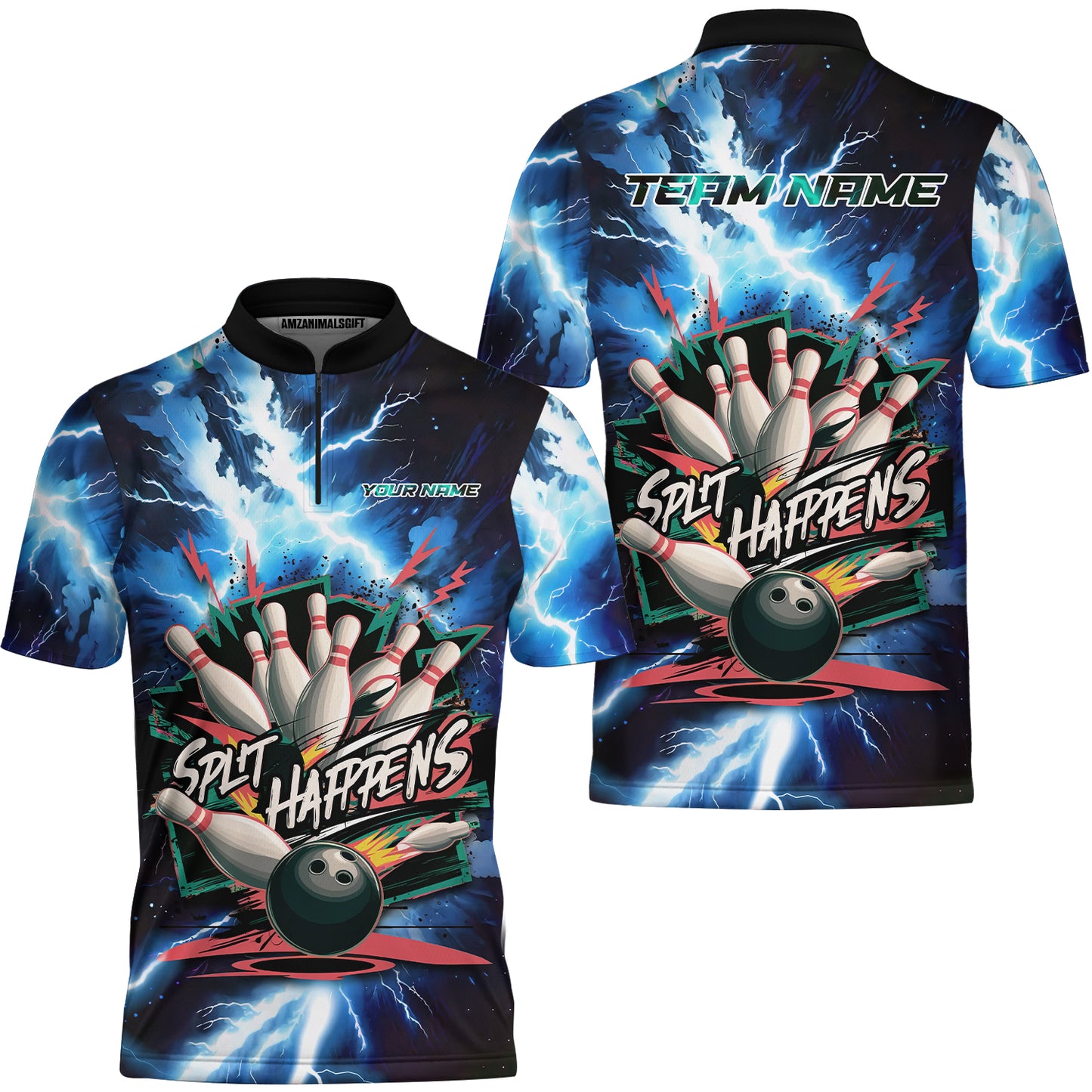 Custom Bowling Team Jersey, Split Happens - Electric Lightning, Bowling Uniforms, Personalize Name And Team Name