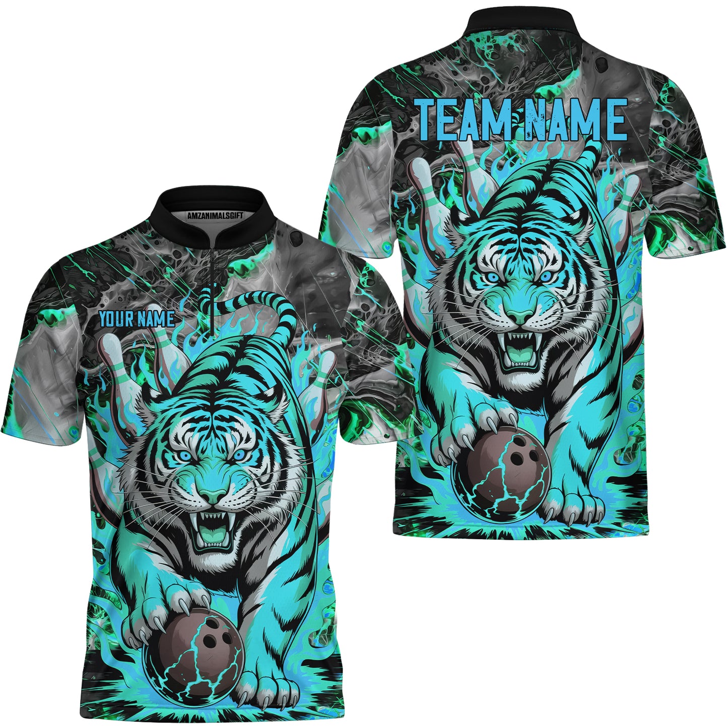 Custom Bowling Team Jersey, Tiger Gripping A Bowling Ball, Bowling Uniforms, Personalize Name And Team Name