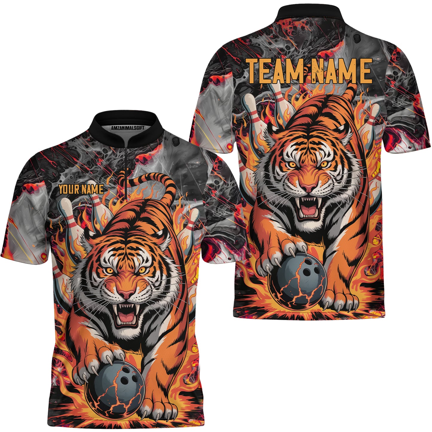 Custom Bowling Team Jersey, Tiger Gripping A Bowling Ball, Bowling Uniforms, Personalize Name And Team Name