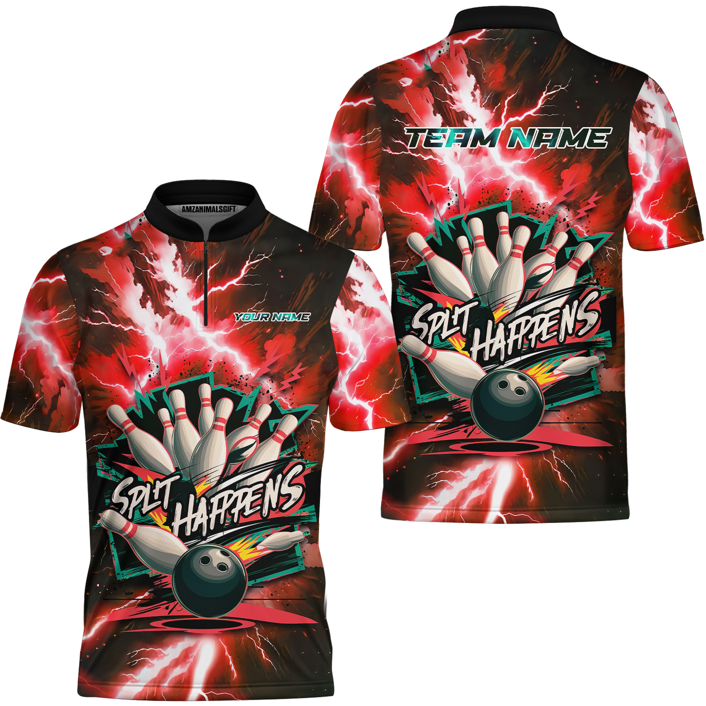 Customized Bowling Jersey, Dramatic Red And Black Lightning - Split Happens , Uniform Bowling - Personalized Name And Team Name