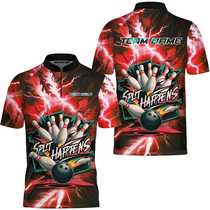 Customized Bowling Jersey, Dramatic Red And Black Lightning - Split Happens , Uniform Bowling - Personalized Name And Team Name