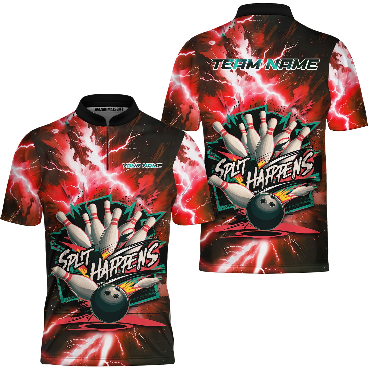 Custom Bowling Team Jersey, Split Happens - Electric Lightning, Bowling Uniforms, Personalize Name And Team Name