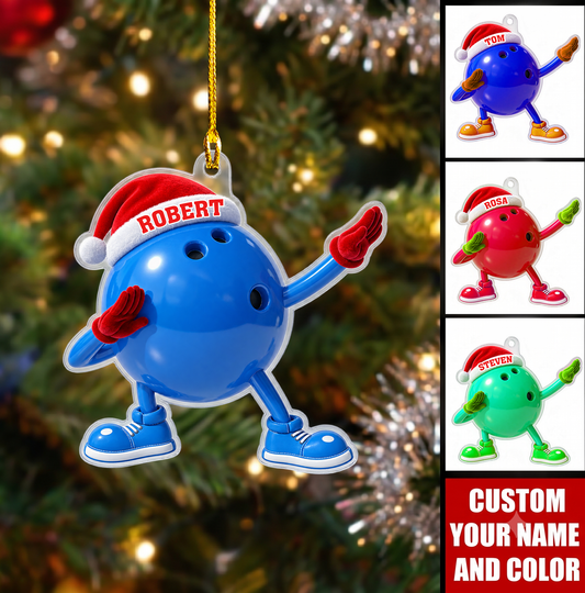 Personalized Bowling Christmas Ornament, Dabbing Ball Mascot Santa Hat, Custom Ornament Christmas Gift, Keychain Bowling, Car Ornament Bowling