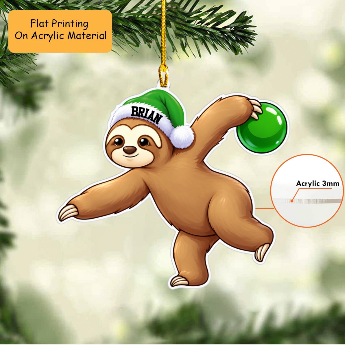 Personalized Bowling Christmas Ornament, Sloth Playing Bowling, Ornament Christmas Gift, Keychain Bowling, Car Ornament Bowling