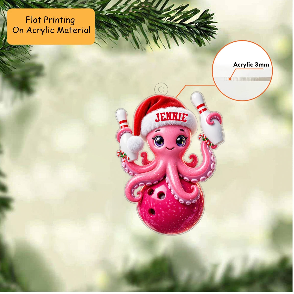 Personalized Bowling Christmas Ornament, Cute Octopus Holding Ball And Pins, Custom Ornament Christmas Gift, Keychain Bowling, Car Ornament Bowling