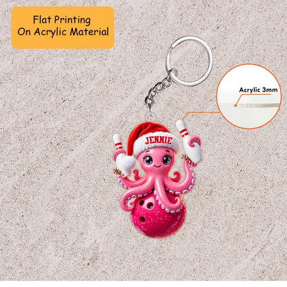 Personalized Bowling Christmas Ornament, Cute Octopus Holding Ball And Pins, Custom Ornament Christmas Gift, Keychain Bowling, Car Ornament Bowling