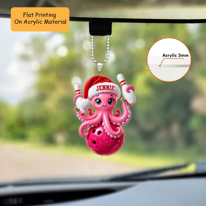 Personalized Bowling Christmas Ornament, Cute Octopus Holding Ball And Pins, Custom Ornament Christmas Gift, Keychain Bowling, Car Ornament Bowling
